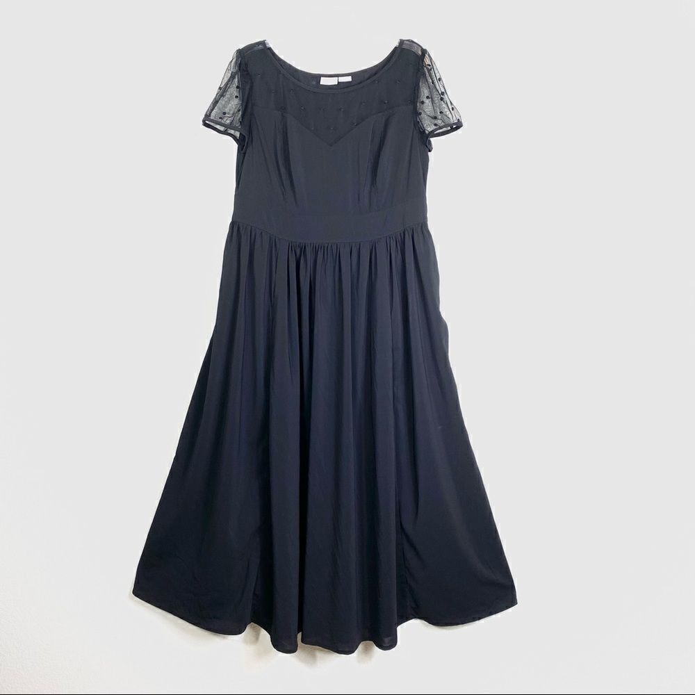 Eshakti Black Sheer Dotted Mesh Neckline Short Sleeve Maxi Dress